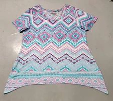 COLLECTIONS ETC. Womens Top Tunic XL Purple White Turquoise Sequin Beach Cruise