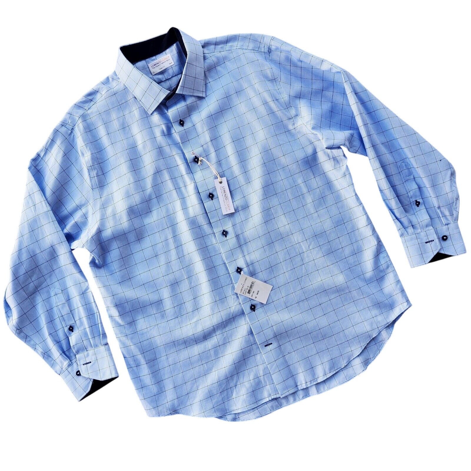 Lorenzo Uomo Men's Light Blue Check Print Cotton Trim Fit Dress Shirt Size 34/35