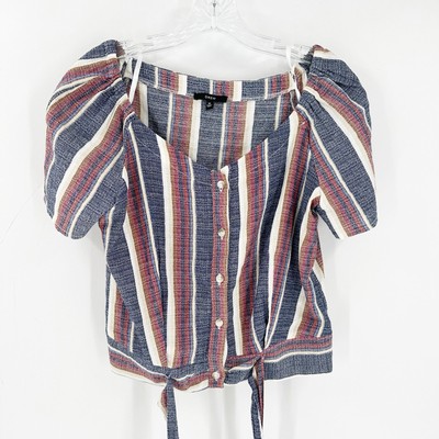 Drew Multicolor Striped Cotton Button Up Tie Front Cropped Top Size Medium