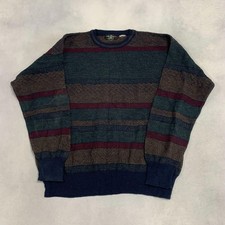 Vintage Abstract Knitted Jumper Patterned Grandad Knit Sweater Men's L