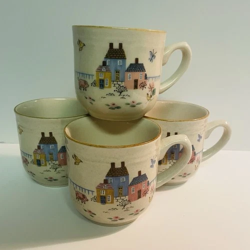 VTG Set Of 4 Heartland International Stoneware Teacups Mugs Farm Scene Cottage
