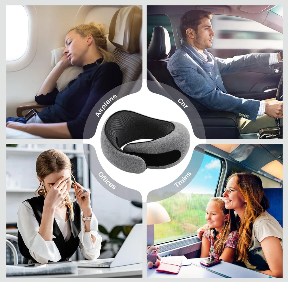 Memory Foam Travel Neck Pillow for Airplanes Cars 360° Ergonomic Support