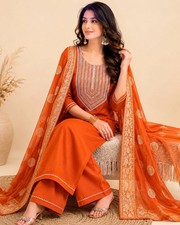 Women Plus Size Cotton Embroiderd Kurta Set, Indian Orange Festive Salwar kameez