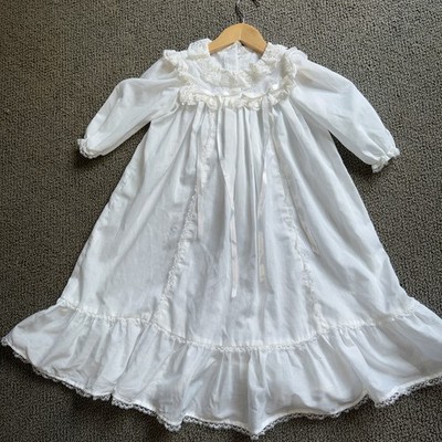 Vintage Infant Christening Gown Handmade 80s? Lace White Ribbons Collared