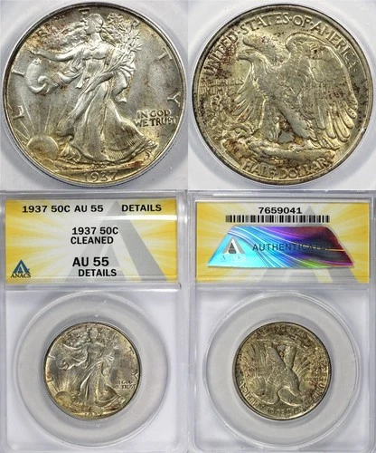 1937 50c Walking Liberty Half Dollar ANACS AU 55 Details Cleaned