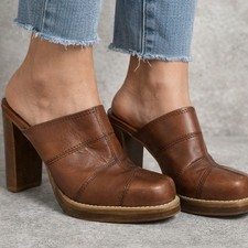 Vintage Candies Block Heel Mule Leather Brown 6.5 Patchwork Y2K CottageCore