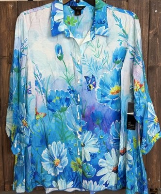 Ali Miles Womens 2X Blue Butterfly Floral Button Up Top NWT Tunic