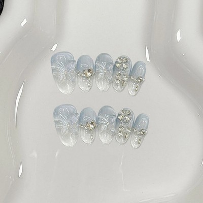 10PCS Blue Cat Eye Press On Nails Handmade Almond False Nails 3D Butterfly
