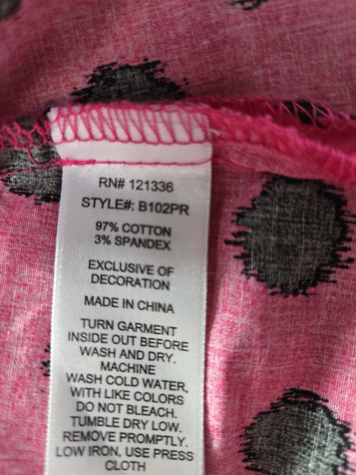 Betsey Johnson Scrub Top Size S-Hot Pink/Black Polk-a-Dot-Chest 19.5"/L 25.5" - Image 4 of 4