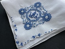 A Vintage White Hankie Madeira Hand Embroidered Blue Monogram A Wedding Bride