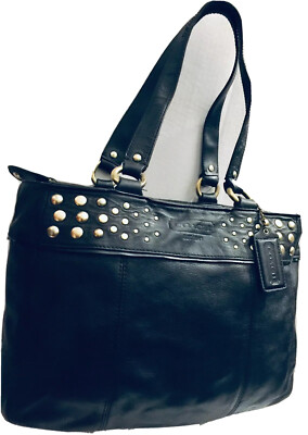 STUDDED COACH SHOULDER SATCHEL TOTE BAG BLACK PEBBLE LEATHER BRASS
