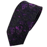 Schmale Tigertie Krawatte Lila Magenta Schwarz Grau Gemustert Paisley - Binder