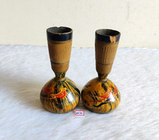 Vintage Exotic Birds Decorated Wooden Vase Pair Old Collectible WN10