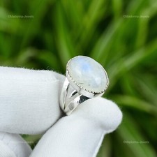 Crown Chakra Rainbow Moonstone Stone Statement Promise Trendy Ring 925 Silver