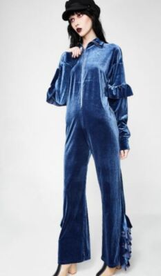 Little Sunny Bite Blue Velour Jumpsuit Size F All in One Ruffles Zip Front