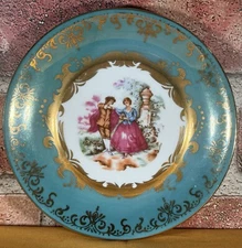 Vintage KPM Porcelain Saucer W/ Gilded Gold & Green Around A Colonial Couple