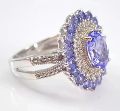 4 Ct Oval Tanzanite Lab-Created Flower Halo Engagement Ring 14K White Gold Over - Image 3 of 4