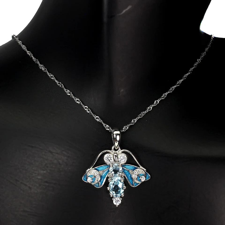 925 Sterling Silver Oval Blue Topaz 7x5mm Simulated Cz Bee Necklace - Image 2 of 4