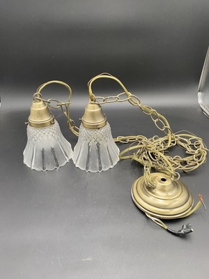 Vintage Brass Double Pendant Light Pair Frosted Glass Shades Hanging Lamps MCM
