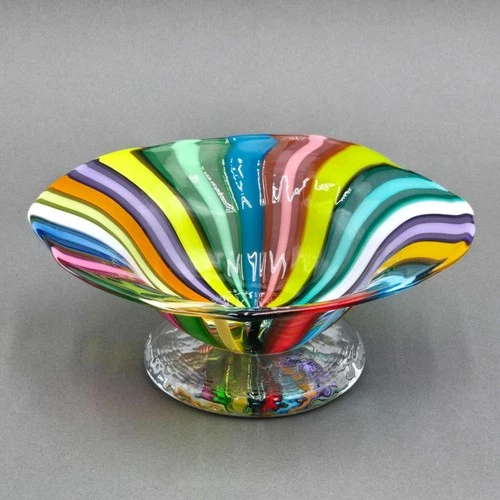 VTG Murano Style Hand-Blown Art Glass Dish Signed Color Swirl Flared Rim Footed