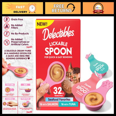 Lickable Wet Cat Treats - Salmon & Tuna Puree, Grain-Free, Mess-Free, 32ct Varie