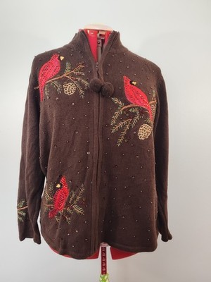 Quacker Factory Women's Cardinal Themed Cardigan. Size XL. Brown Color.
