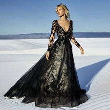 Black V Neck Lace Appliqued Long Sleeves Tulle Wedding Dress Sweep Bridal Gown