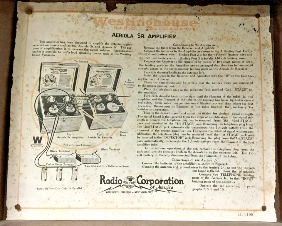 Amplificador Westinghouse Aeriola Sr. Tipo AC 1920 Antiguo Radio Audio Amplificador con Tubos Foto 2 de 4
