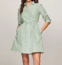 Tommy Hilfiger White/Green Striped Shirt Dress Coastal Preppy Women’s Size M