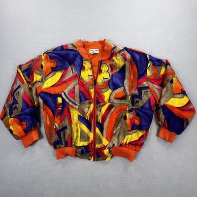 Vintage Carol Horn Silk Bomber Jacket Womens Small Multi Abstract Print 80s
