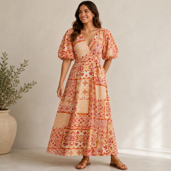 Witchery Linen Blend Faux Wrap Maxi Dress Sz 14 Red Orange Oriental Print Boho
