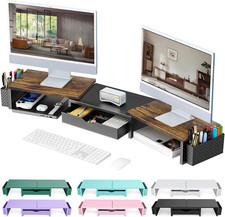 Dual Monitor Stand Riser Wood Desk Organizer With Drawer and Pen Holders Office