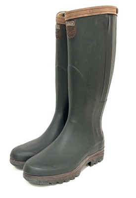 AIGLE PARCOURS MEN WELLINGTON BOOTS WITH FULL SIDE ZIP LEATHER LINED KAKI US 11