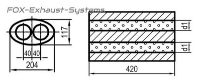 Universal Auspuff Edelstahl OVAL 204x117mm 2-Rohr L: 420mm In/Out 2x76/2x76mm