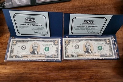 Lot Of 2 22k Gold Layered Uncirc Two Dollar Bill Sp Edition Consecutive Serial #