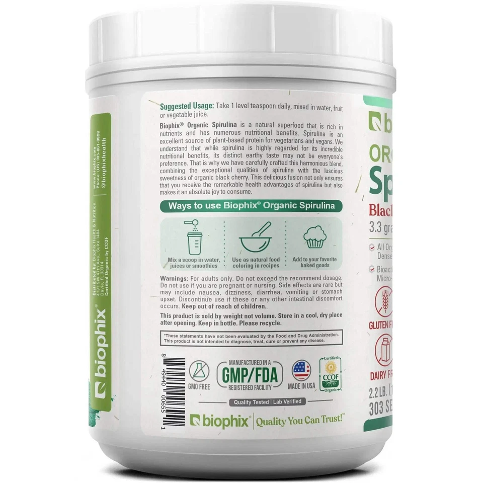Espirulina orgánica biophix en polvo sabor cereza negra 2,2 libras 1 kg Foto 3 de 4