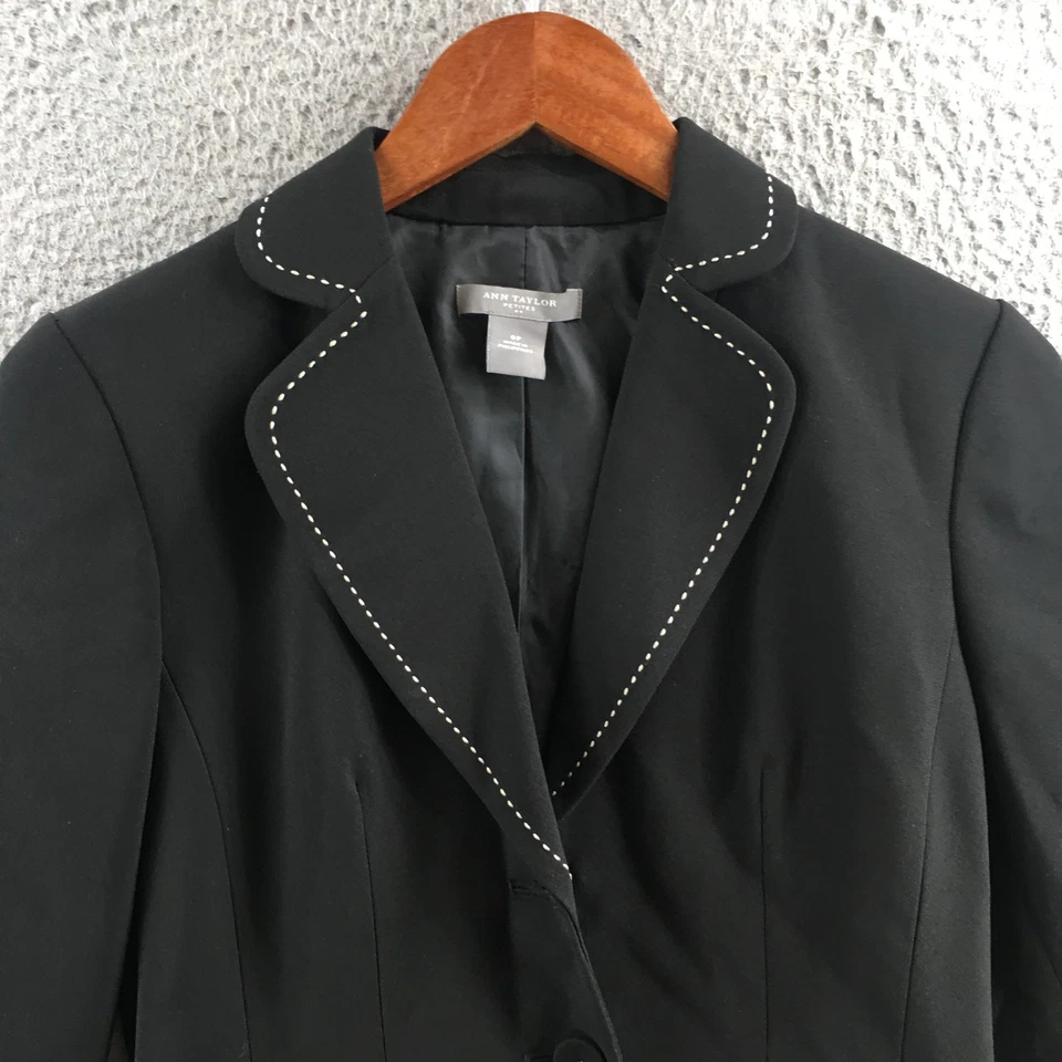 Blazer Ann Taylor Mujer 0 Pequeño Negro Manga Larga Bolsillos Muesca Solapa Botones Foto 2 de 4