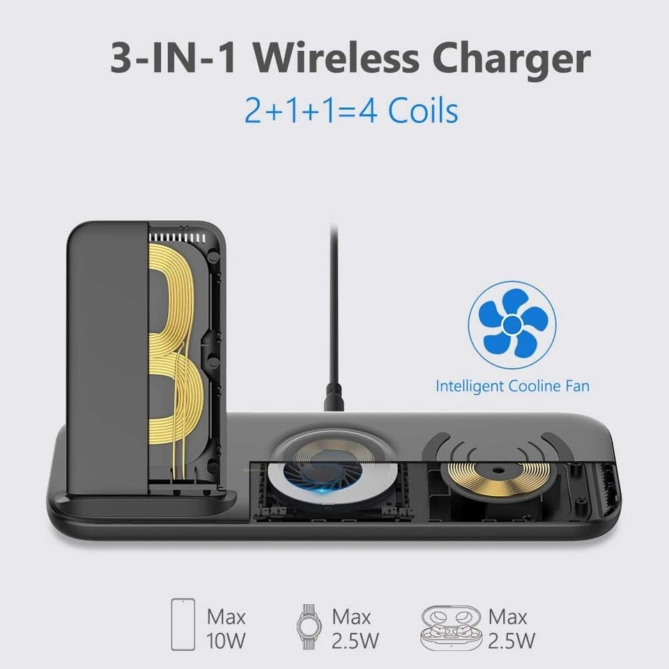 Estación de carga inalámbrica 3 en 1 para teléfonos Android Apple, auriculares, relojes inteligentes Foto 3 de 4