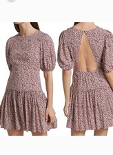 Free People Dancing In The Dark Mini Dress Med Red Floral Backless Puff Sleeve