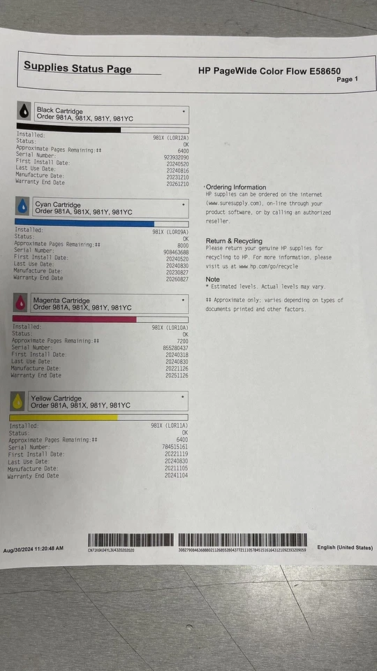 ✅Full Set K/C/M/Y✅70%- 80%✅HP OEM 981X HI-YLD INKS LOR09A/LOR10A/LOR11A/LOR12A - Image 2 of 4