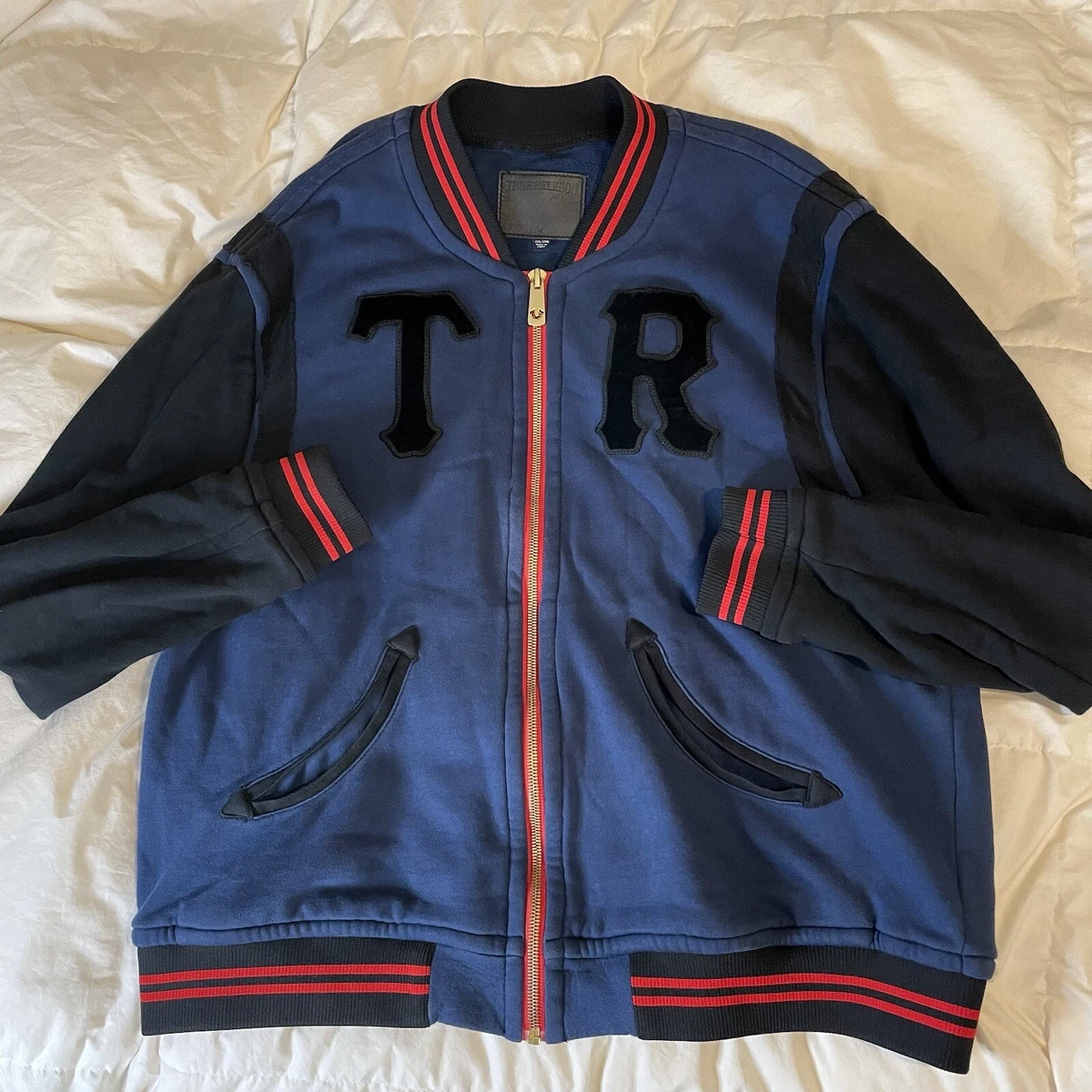True Religion Bomber Jacket Mens Size 2XL Full Zip Gray Black Red