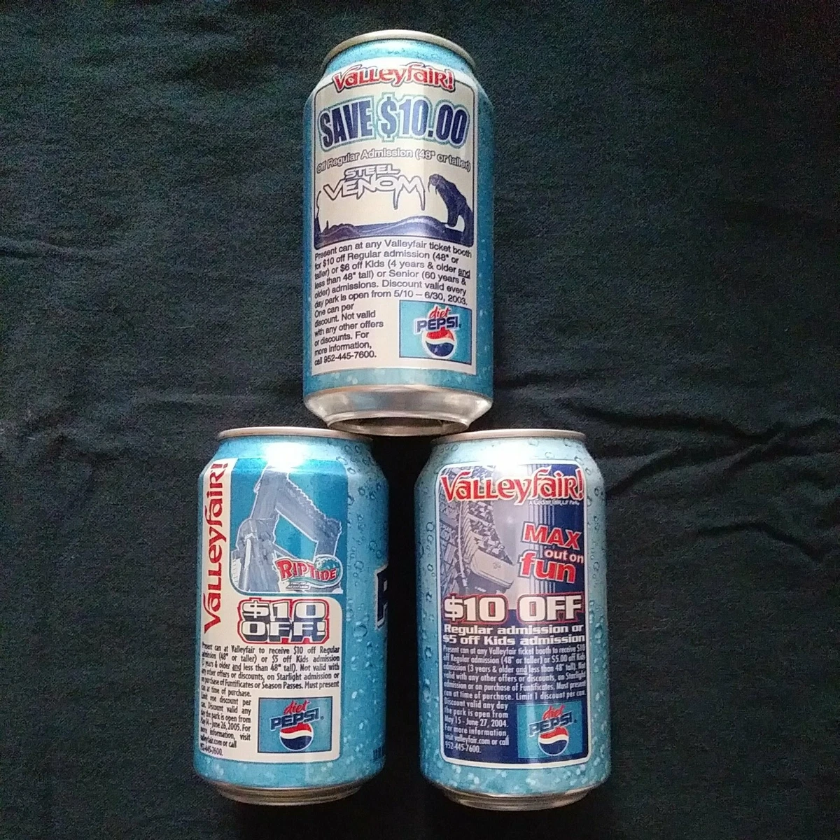 3 VINTAGE 2000 S DIET PEPSI VALLEYFAIR Pop Soda Cans 12oz ALUMINUM CANS RARE