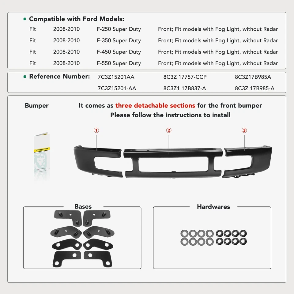 Barra frontal de parachoques con hardware para Ford F-250 F-350 F-450 Super Duty 2008-2010 Foto 2 de 4