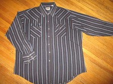 2XL vtg ELY CATTLEMAN WESTERN SHIRT Pearl Snaps Blue On Black Vertical Stripe