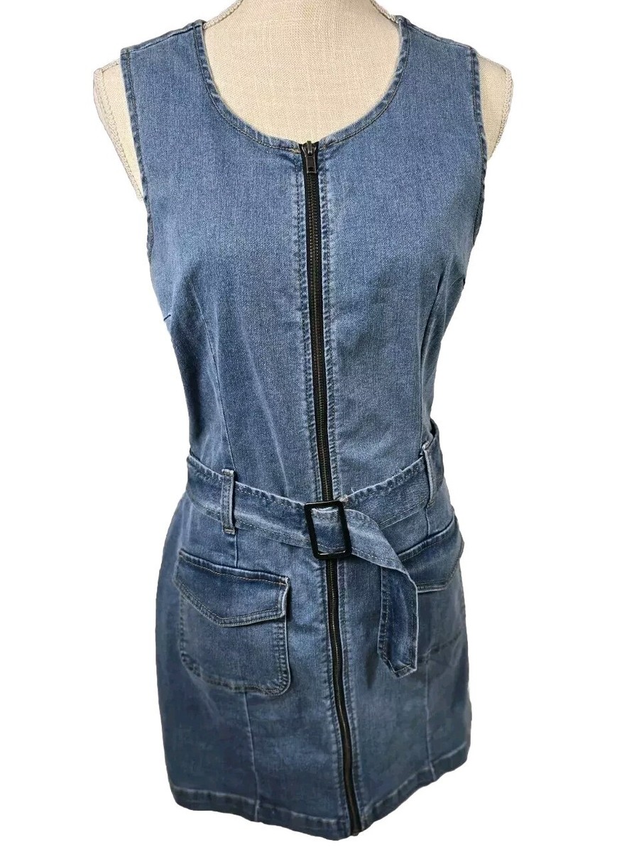 rewash denim dress Rewash Zip Front Belted Denim Mini Dress Stretch, Size Large