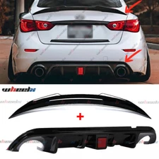 PSM STYLE TRUNK SPOILER + LED REAR BUMPER DIFFUSER LIP FOR 2014-17 INFINITI Q50