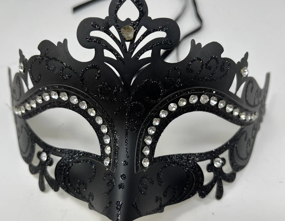 Black Costume Mask Rhinestone Glitter And Ribbon New - Image 2 of 4