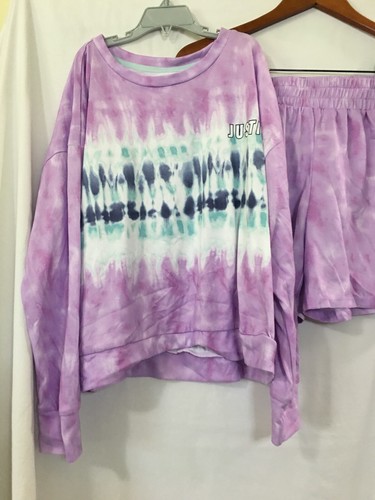 New Justice Girls Tie Dye Long Sleeve Top & Short 2 Pc Pajama Set L,XL - Picture 2 of 4