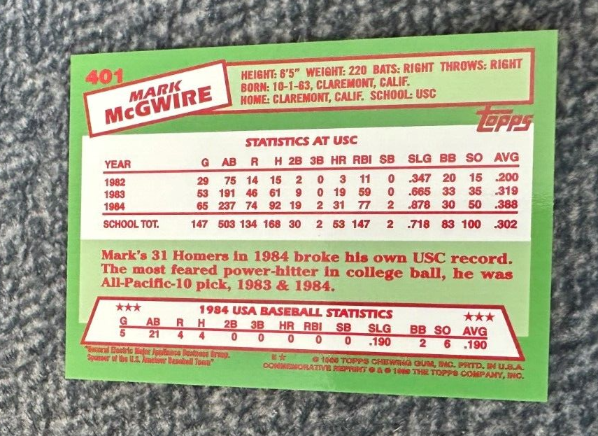 1999 Topps 1985 Rookie Reprint Mark McGwire RC #401 USA Olympic