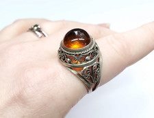 Vintage 800 Silver Filigree Spun Silver Amber Dome Cocktail Ring Sz 9